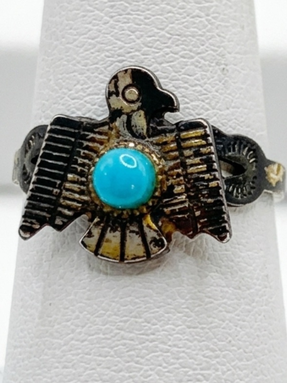 Vintage Sterling Silver And Turquoise Native American Thunderbird Ring Size 6.75